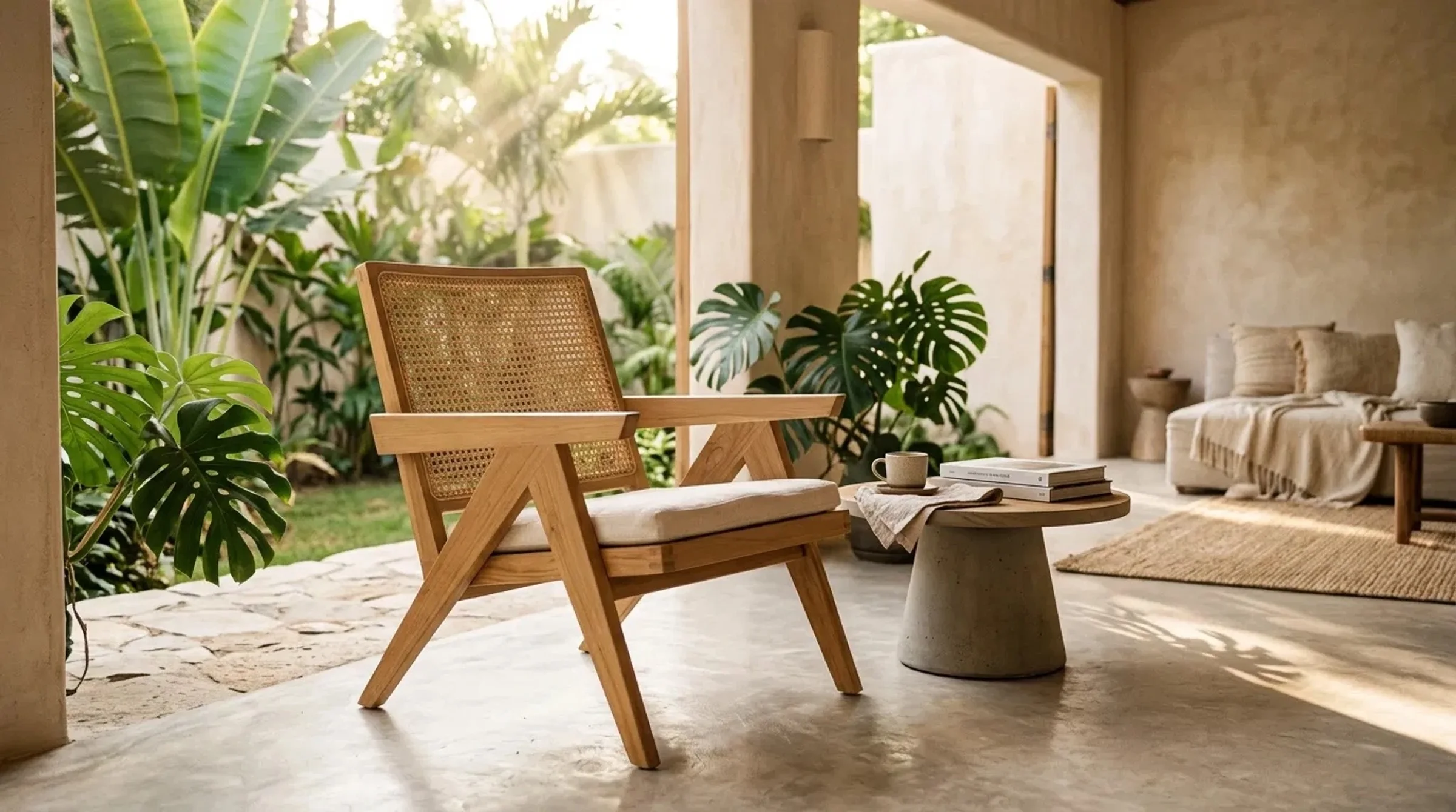 Teak cane lounge armchair on a covered tropical terrace