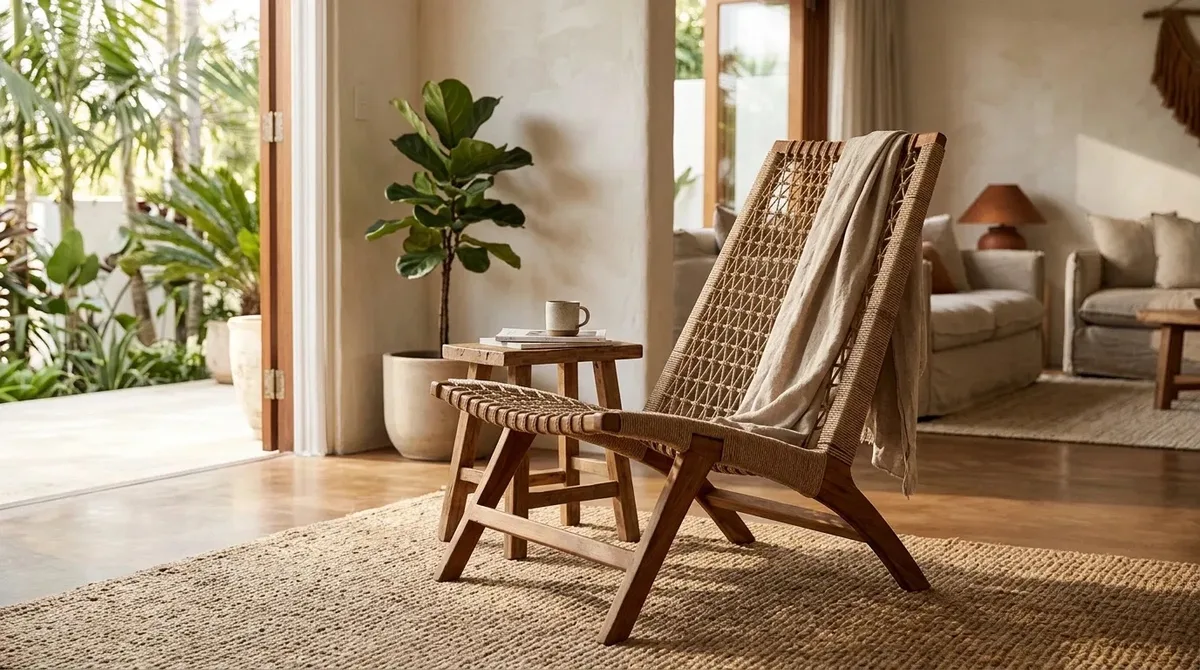 Rope lounge chair with a draped throw in a bright living room
