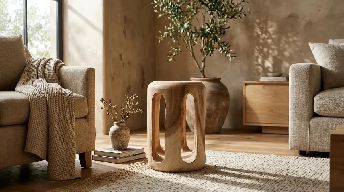 Carved teak stool beside a sofa