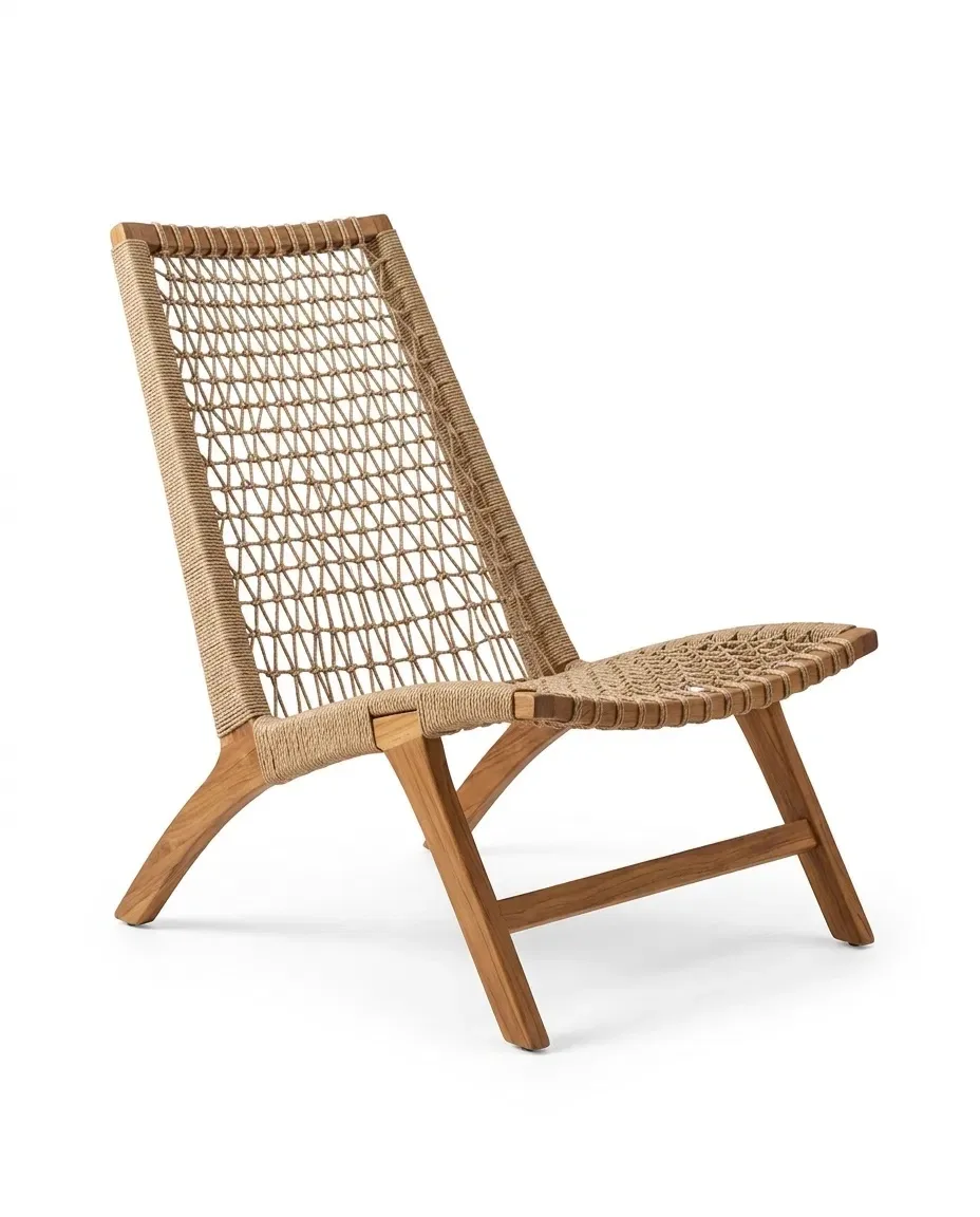 Low rope lounge chair with reclined back and angled wood frame, side view