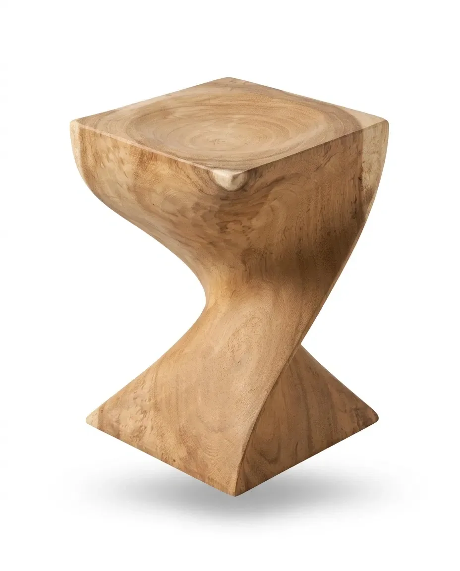 Carved Z-shaped solid teak side table, three-quarter view