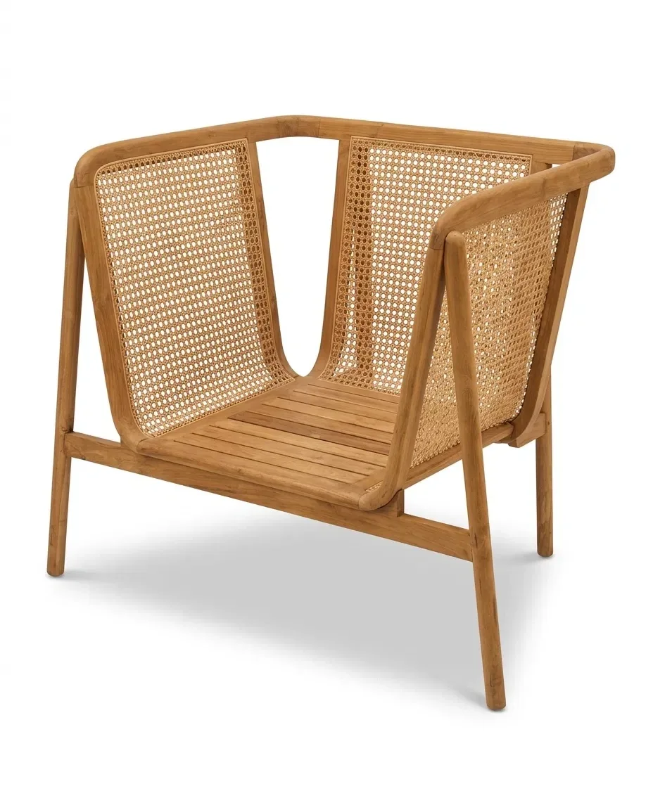 Lounge armchair with cane back and side panels and slatted seat, three-quarter view
