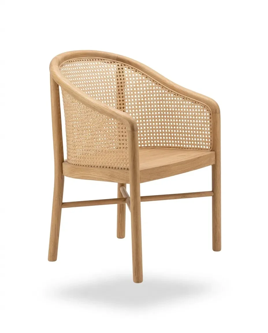 Cane tub armchair with curved back and solid teak seat, three-quarter view